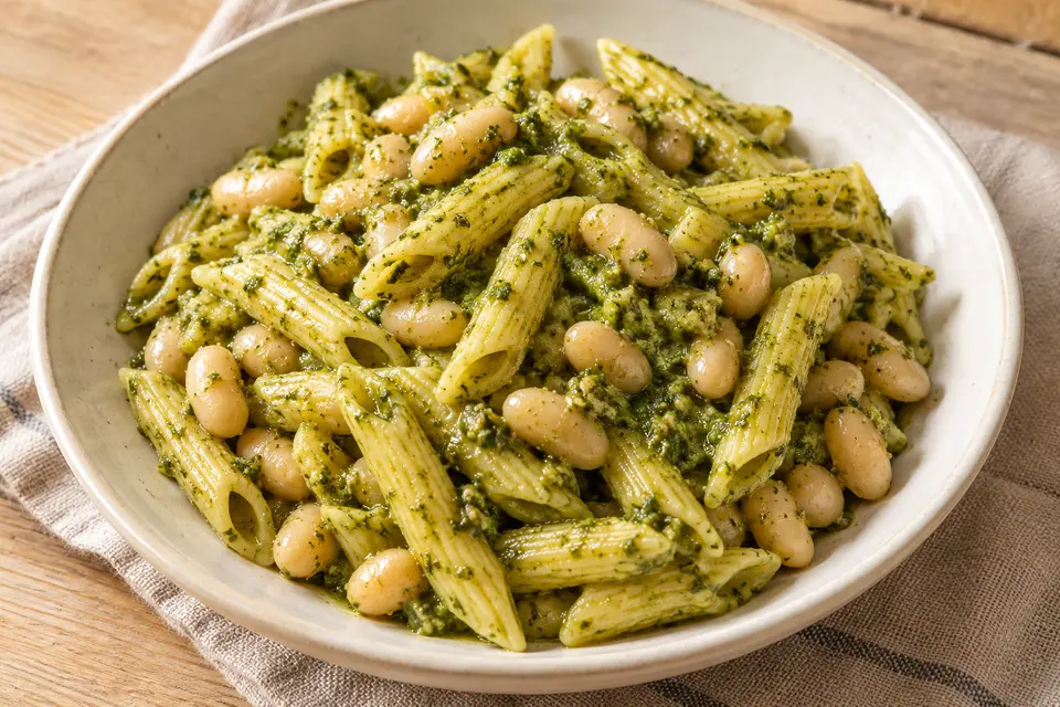 Recipe illustration for Pesto White Bean Pasta